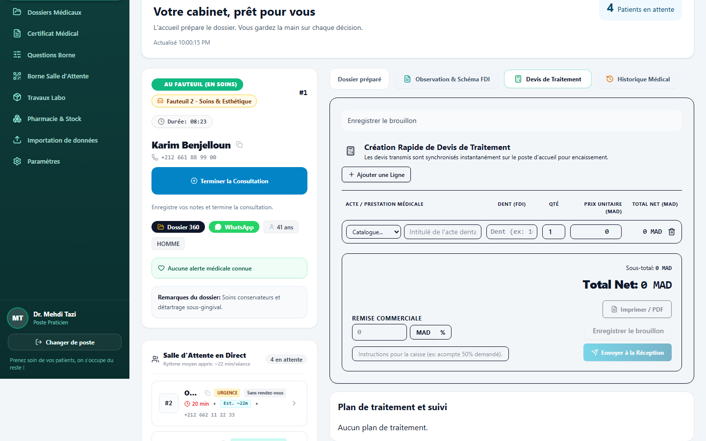 Poste praticien : création rapide d'un devis en dirhams, avec envoi à la réception