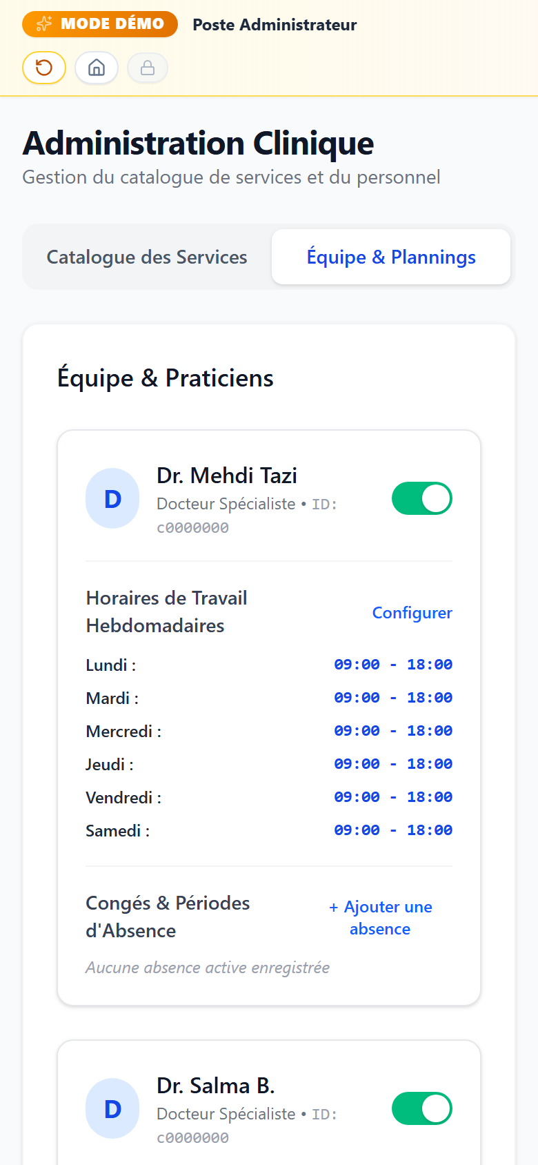 Administration sur téléphone : équipe de praticiens, horaires de travail et absences