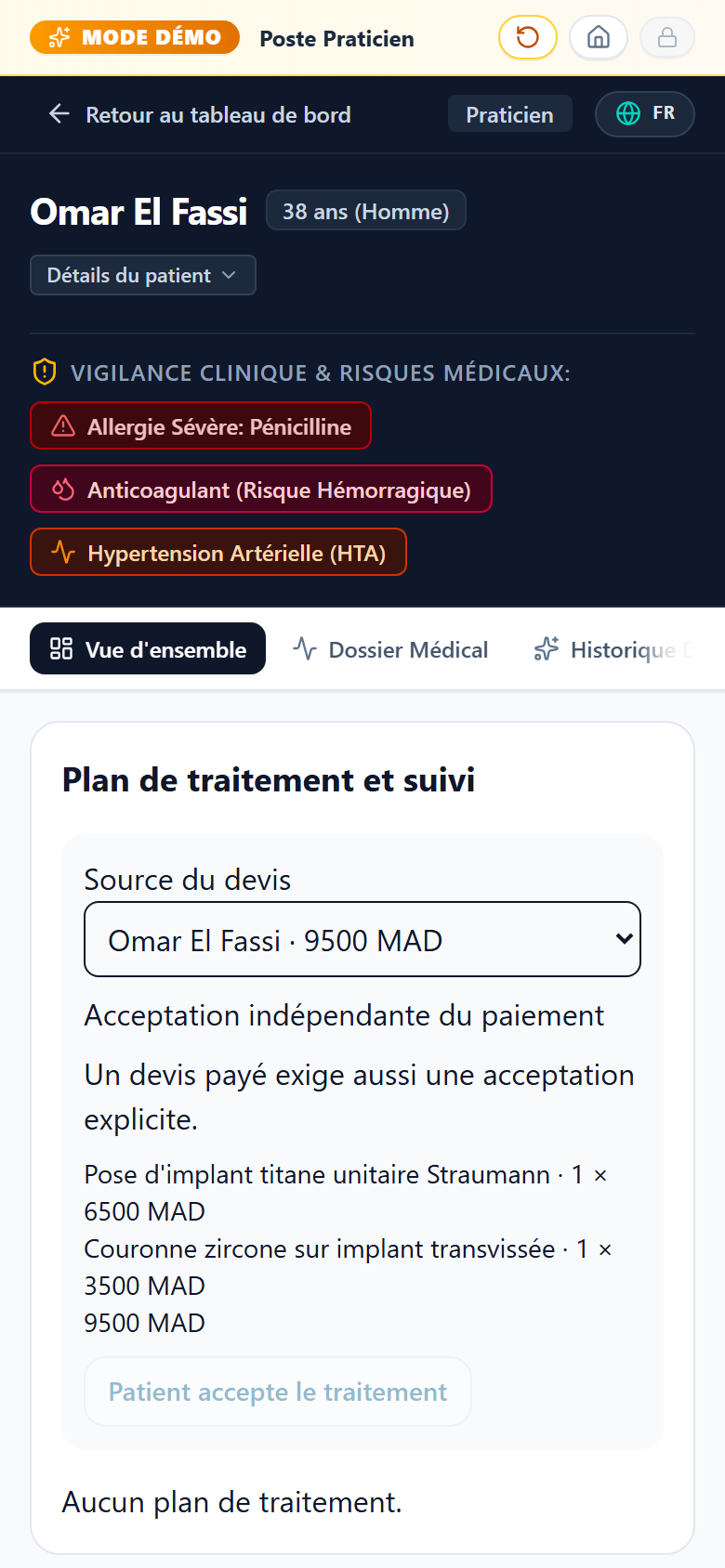 Dossier patient sur téléphone : alertes médicales en tête du dossier