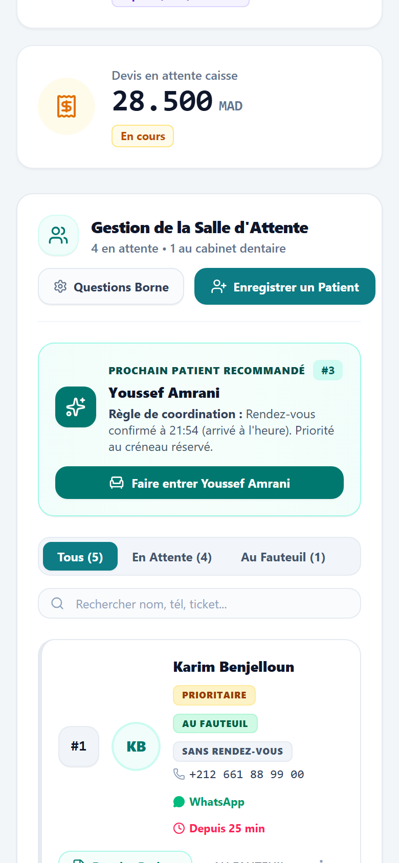 Réception sur téléphone : prochain patient recommandé et filtres de la liste